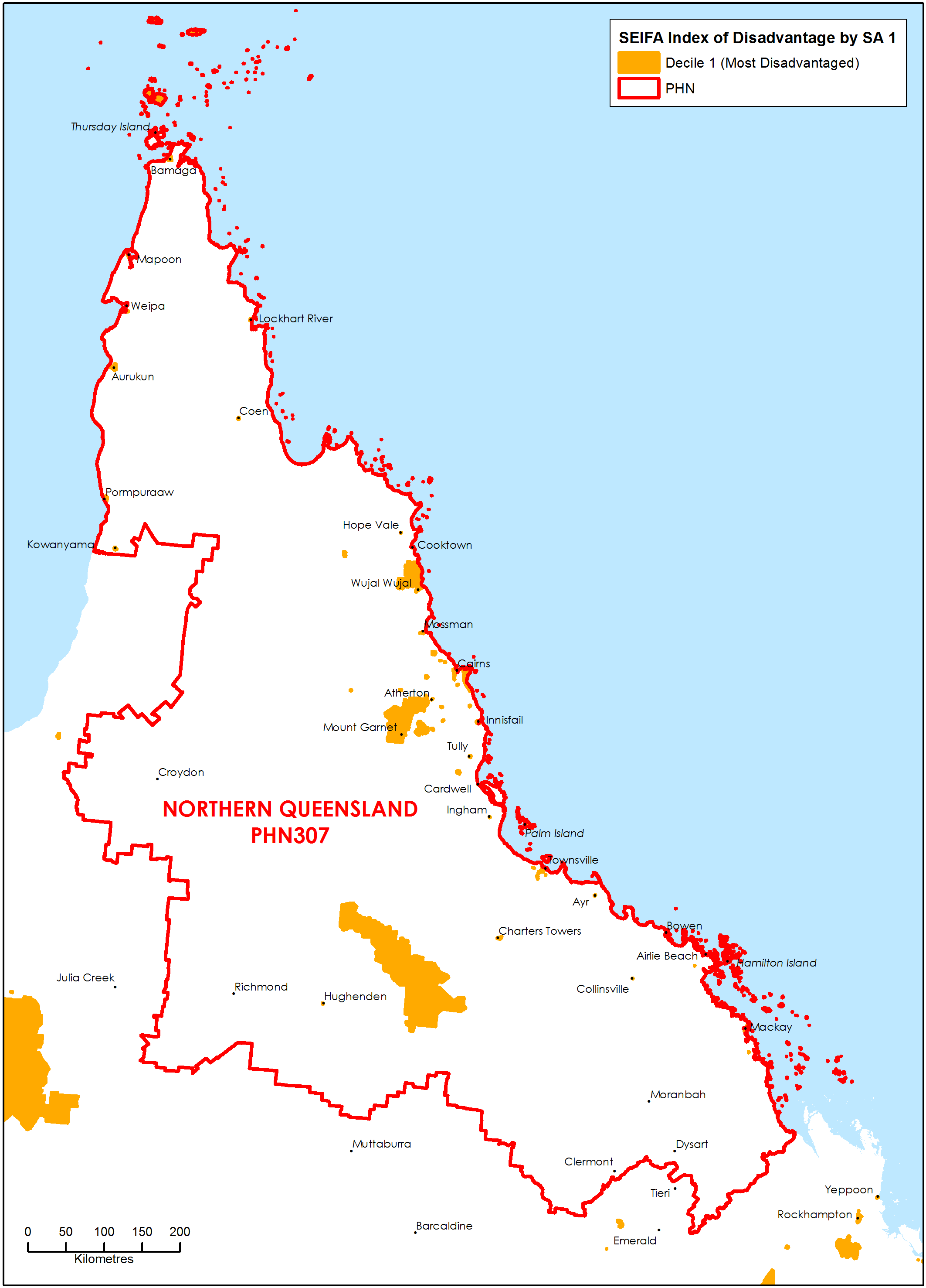 Northern Queensland PHN socioeconomic disadvantage map