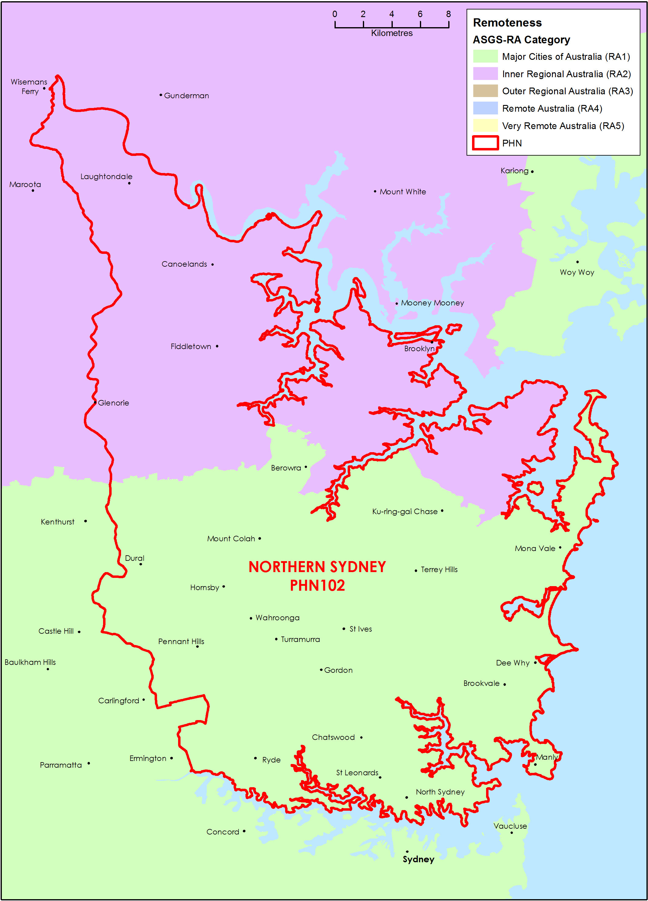 Northern Sydney PHN ASGS remoteness area map