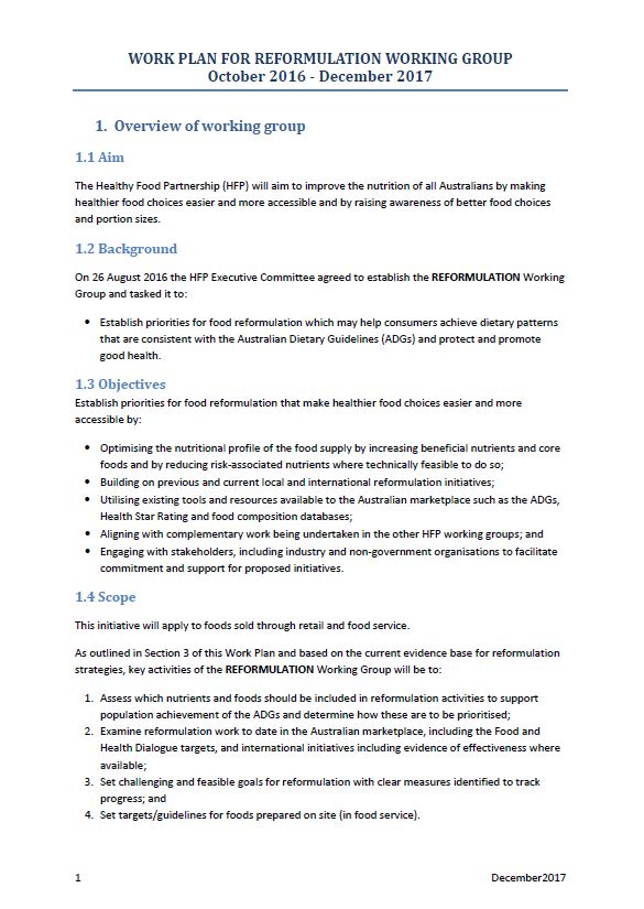 Cover image for Food Reformulation Program – Reformulation Working Group work plan