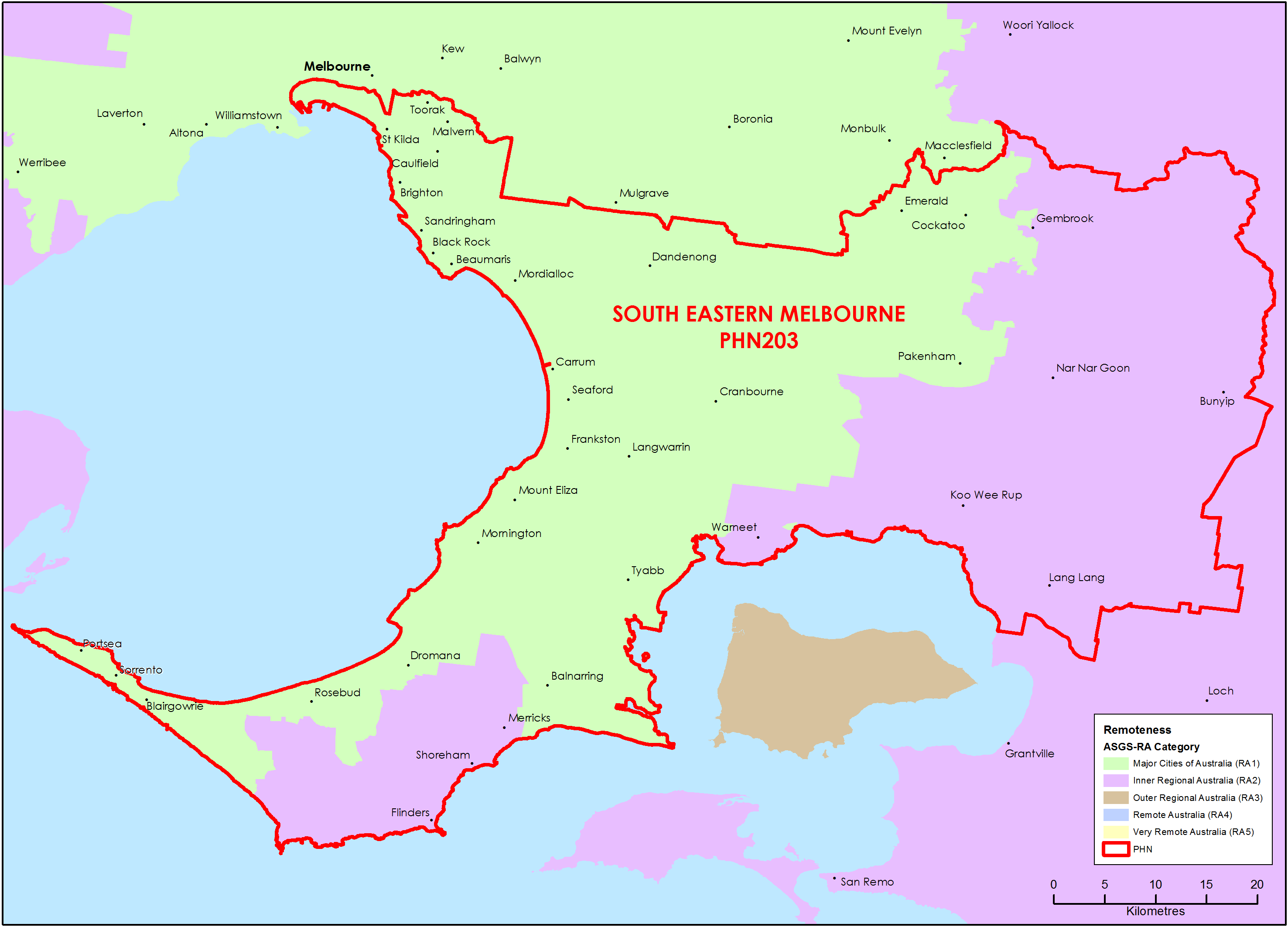 South Eastern Melbourne PHN ASGS remoteness area map