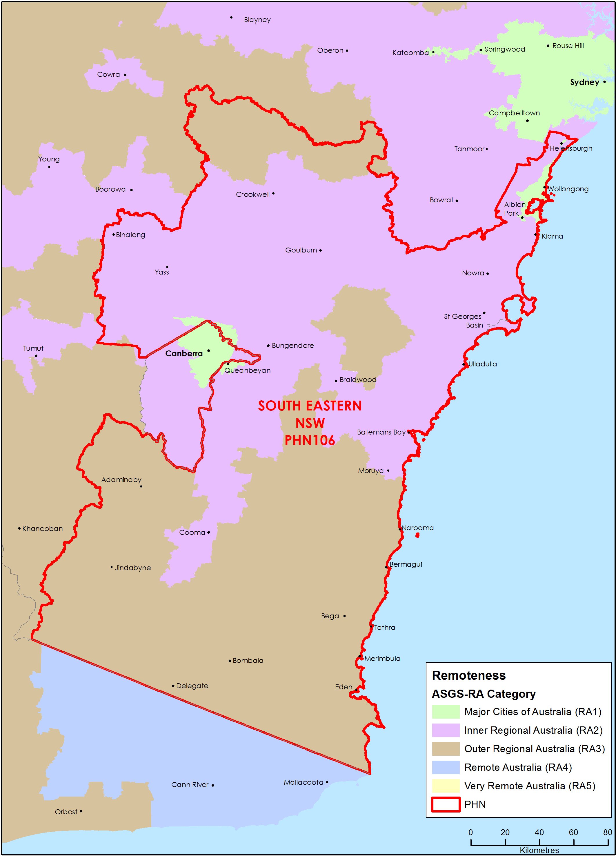 South Eastern New South Wales PHN ASGS remoteness area map