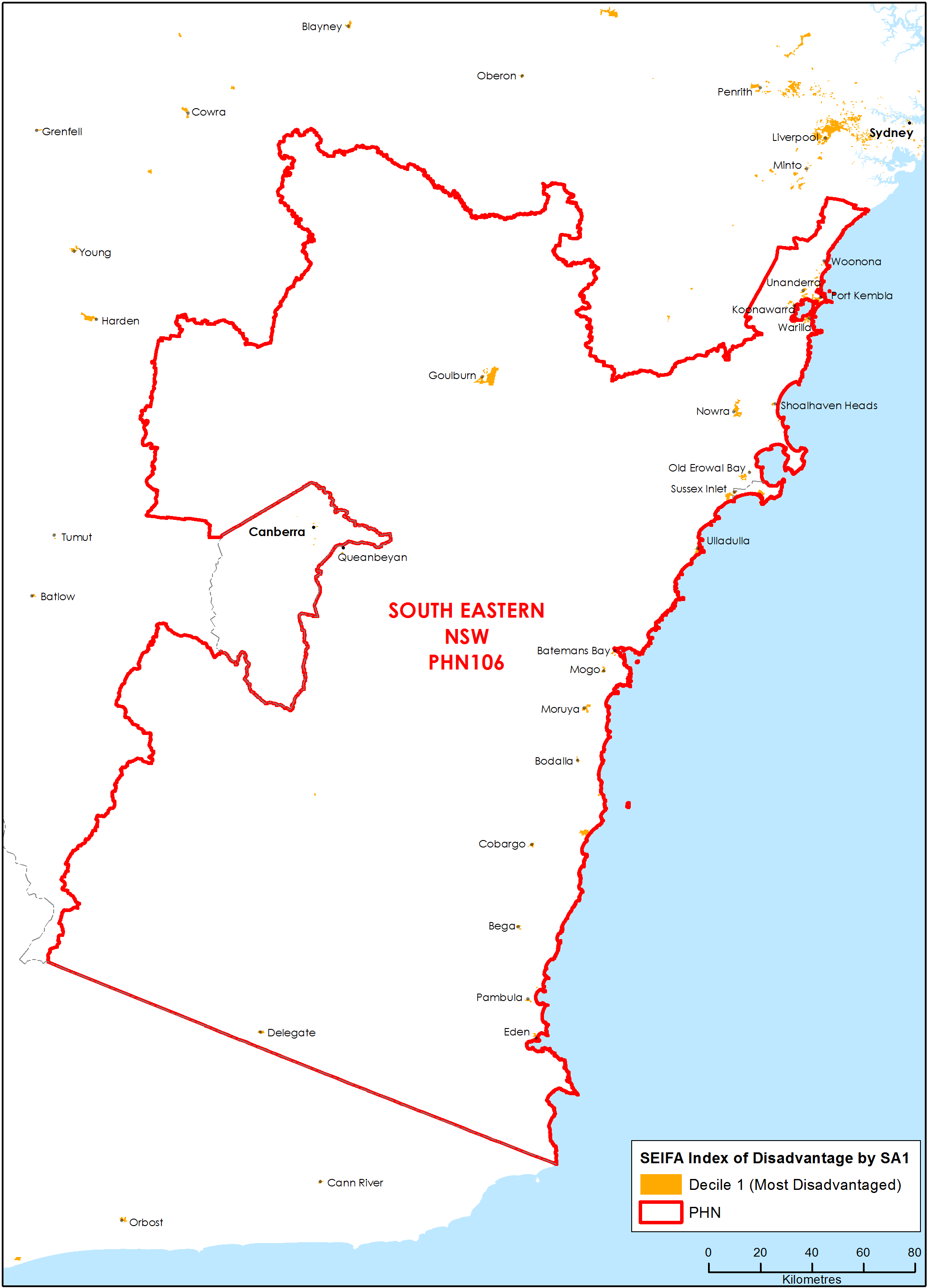 South Eastern New South Wales PHN socioeconomic disadvantage map