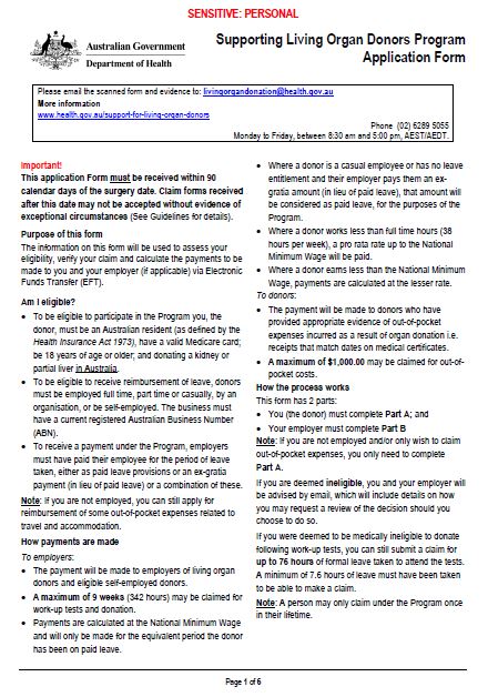 Supporting Living Organ Donors Program claim form