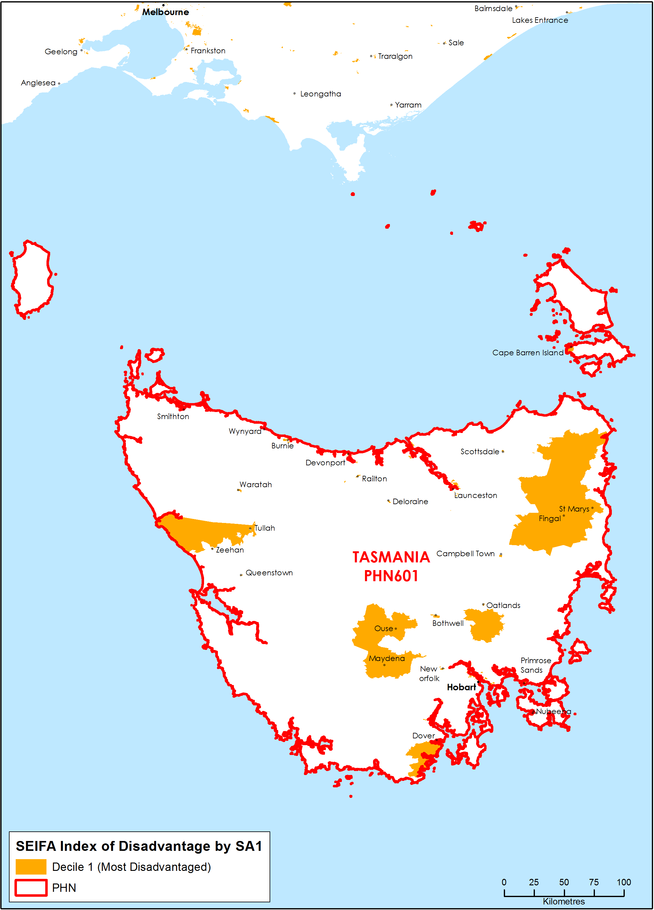 Tasmania PHN socioeconomic disadvantage map