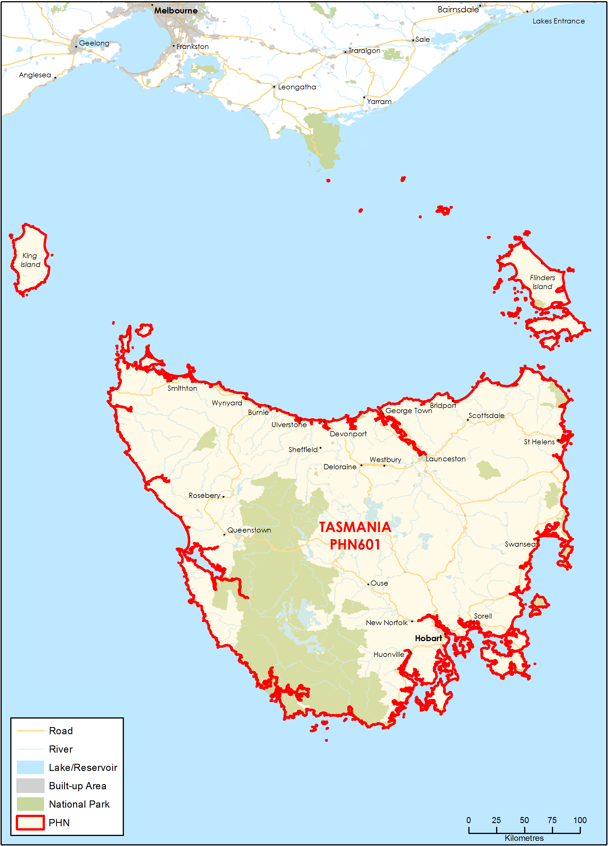 Tasmania PHN topographic map