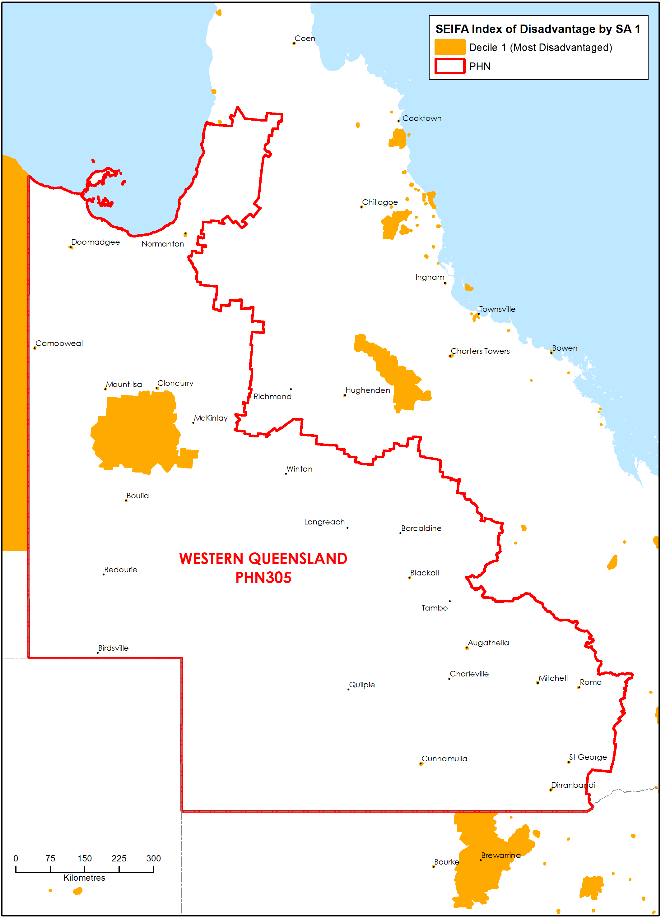 Western Queensland PHN socioeconomic disadvantage map
