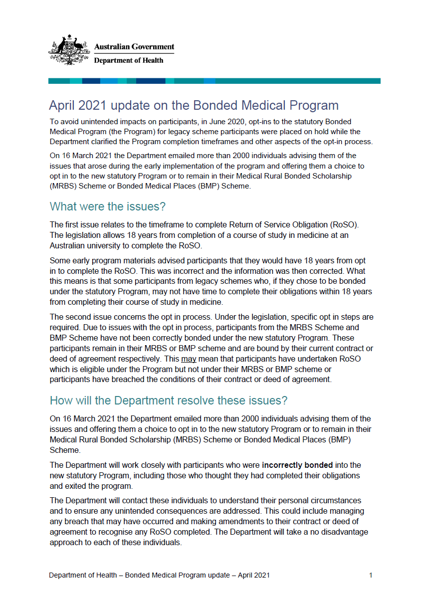 Bonded Medical Program update – April 2021