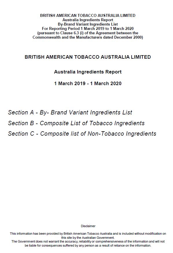 British American Tobacco Australia – cigarette ingredients cover