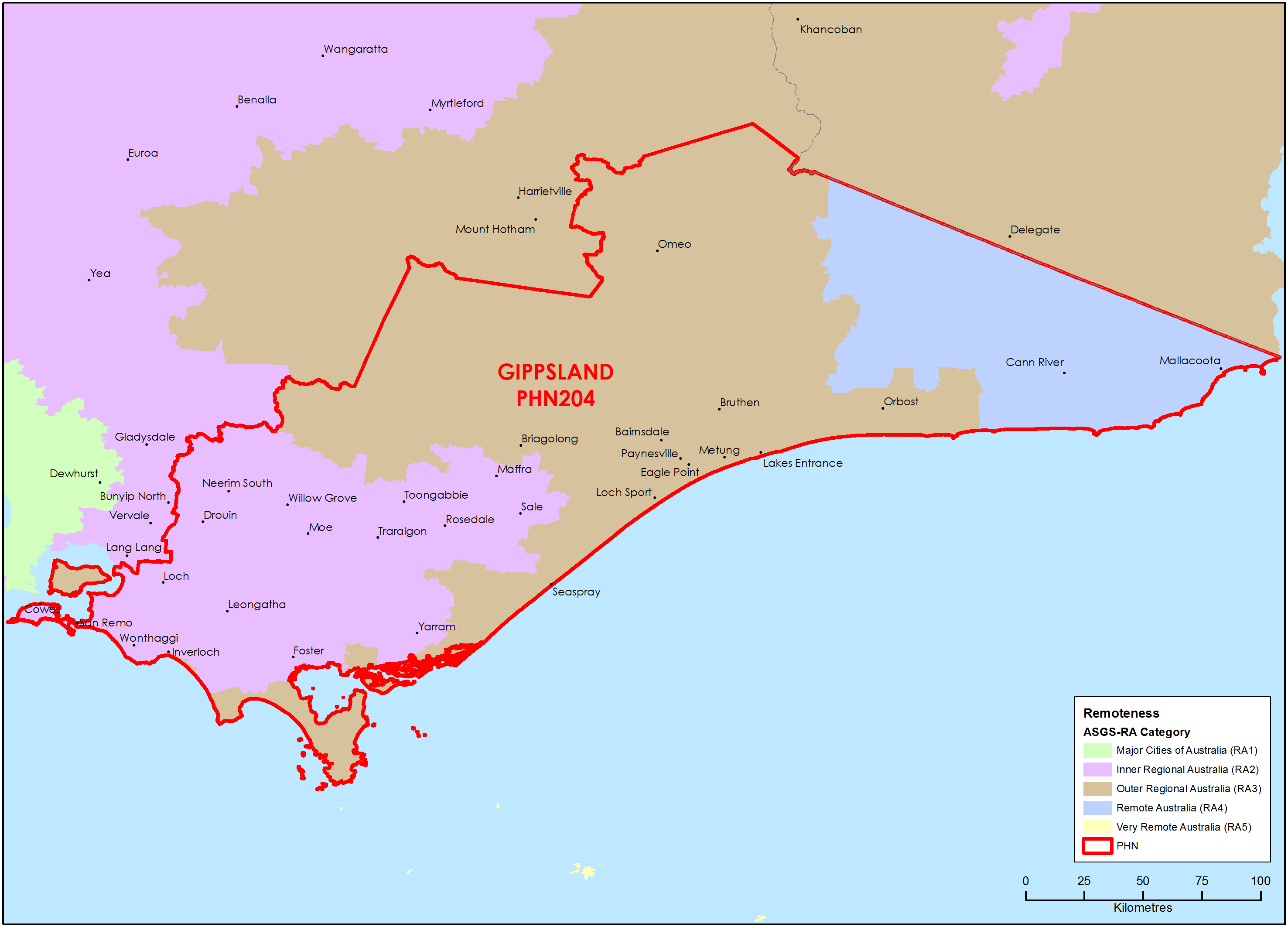 Gippsland PHN ASGS remoteness area map