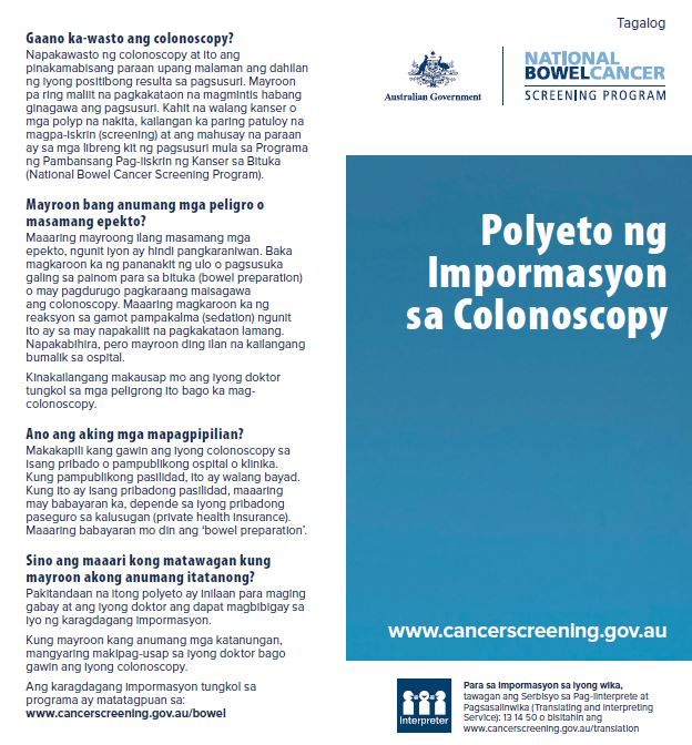 National Bowel Cancer Screening Program – Colonoscopy brochure – Tagalog