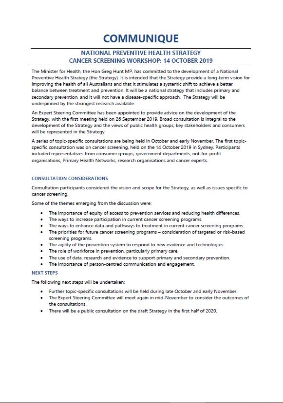 Cover image for NPHS Expert Steering Committee communique – Cancer screening consultation workshop, October 2019