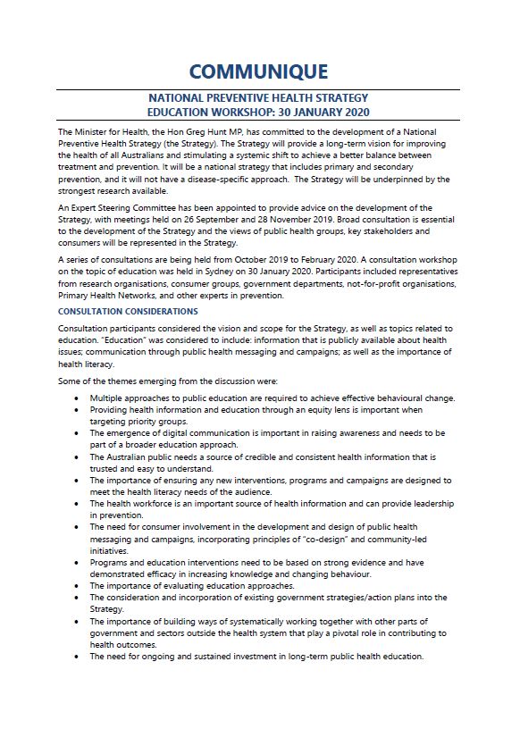 Cover image for National Preventive Health Strategy Expert Steering Committee communique – Education workshop, January 2020