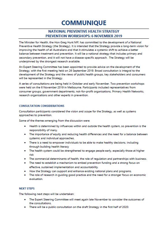 Cover image for National Preventive Health Strategy Expert Steering Committee communique – Prevention workshop, November 2019