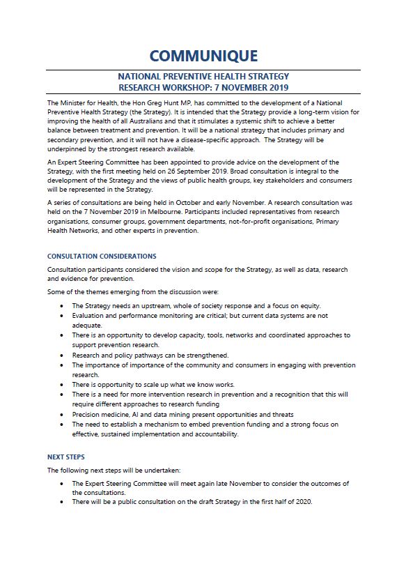 Cover image for National Preventive Health Strategy Expert Steering Committee communique – Research workshop, November 2019