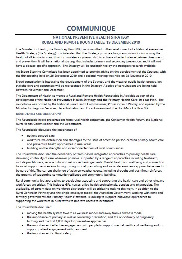 Cover image National Preventive Health Strategy Expert Steering Committee communique – Rural and remote roundtable, December 2019