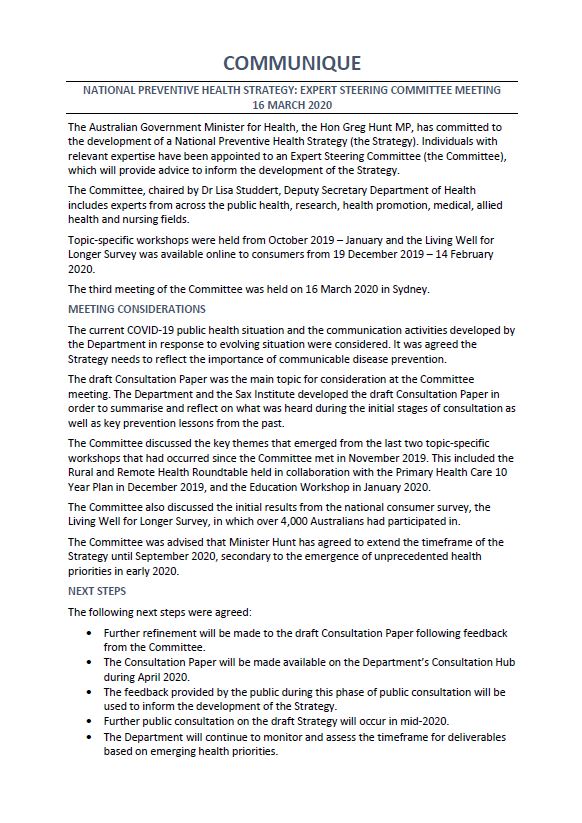 Cover image National Preventive Health Strategy Expert Steering Committee communique – March 2020