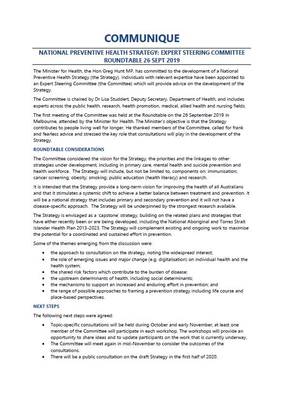Cover image for National Preventive Health Strategy Expert Steering Committee communique – September 2019