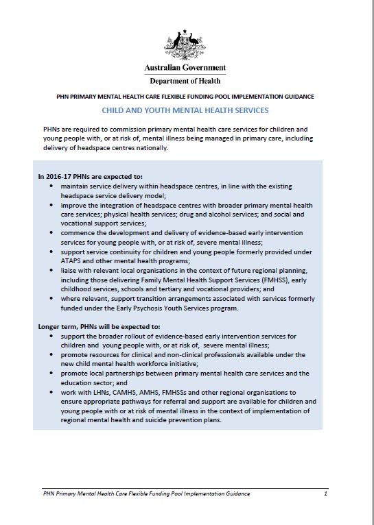 Cover image for Primary Health Networks (PHN) mental health care guidance – child and youth mental health services