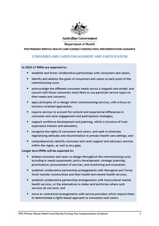 Cover image for Primary Health Networks (PHN) mental health care guidance – consumer and carer engagement and participation