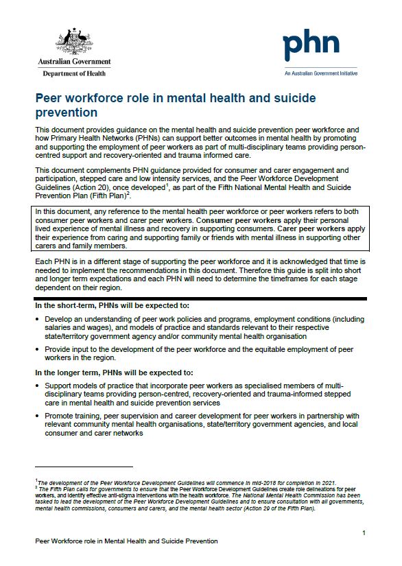Cover image for Primary Health Networks (PHN) mental health care guidance – peer workforce role in mental health and suicide prevention