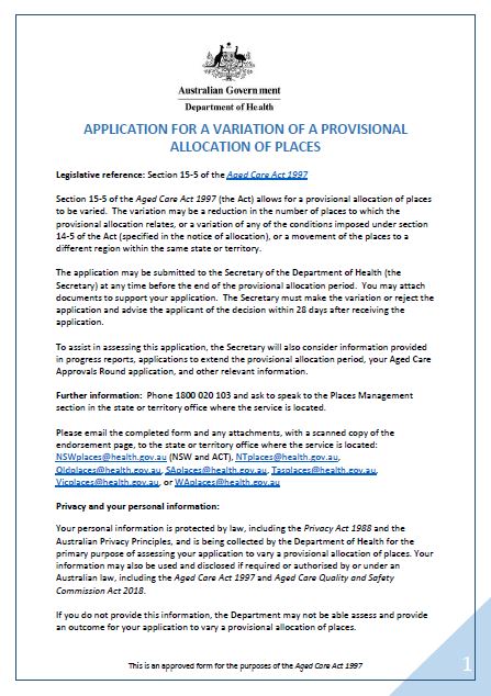 Application for a Variation of a Provisional Allocation of Places Form