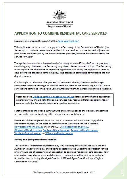  Application to Combine Residential Care Services Form