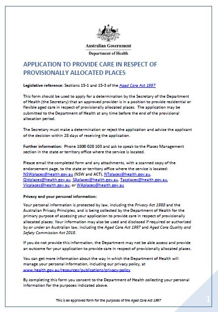 Application to Provide Care in Respect of Provisionally Allocated Places Form