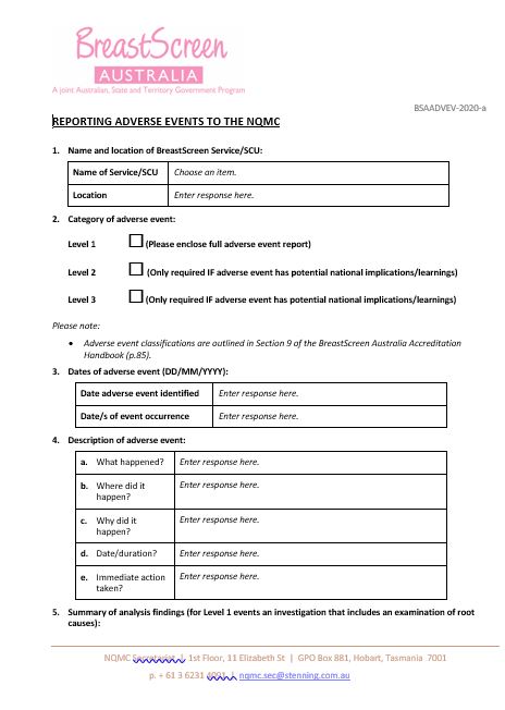 BreastScreen Australia – Adverse events report (BSAADVEV)