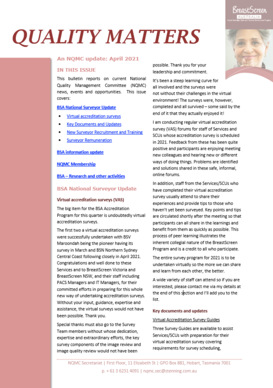 Cover image BreastScreen Australia Quality matters bulletin – April 2021