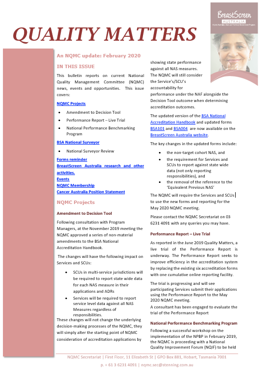 Cover image BreastScreen Australia Quality matters bulletin – Feburary 2020