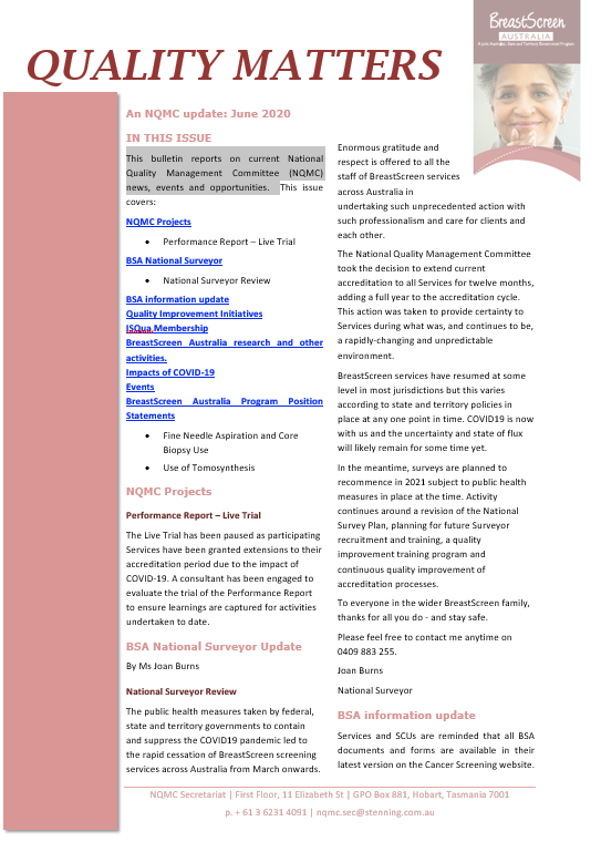 Cover image BreastScreen Australia Quality matters bulletin – June 2020