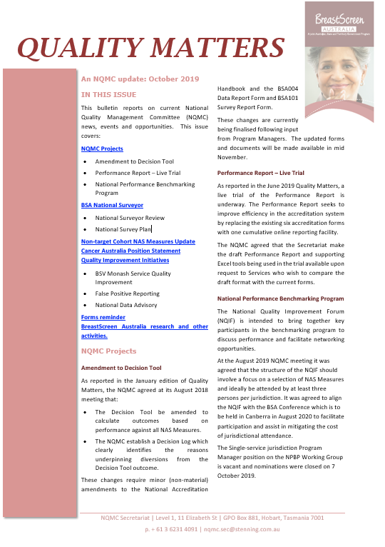 Cover image BreastScreen Australia Quality matters bulletin – October 2019