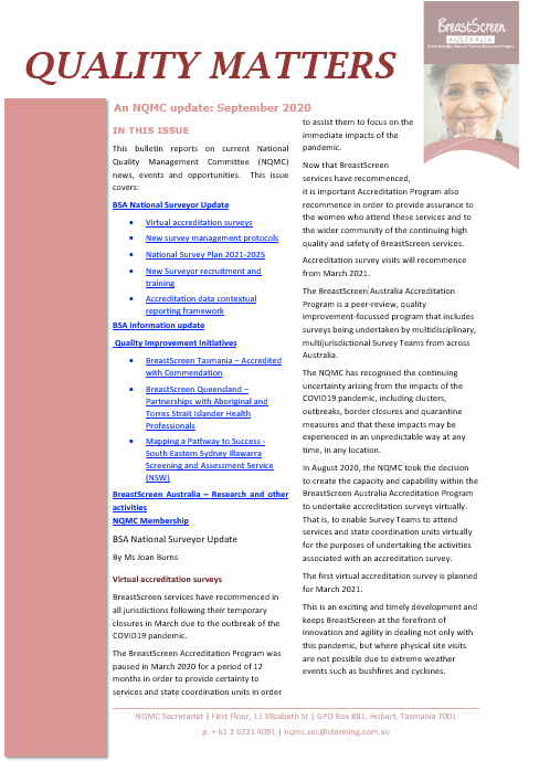 Cover image BreastScreen Australia Quality matters bulletin – September 2020