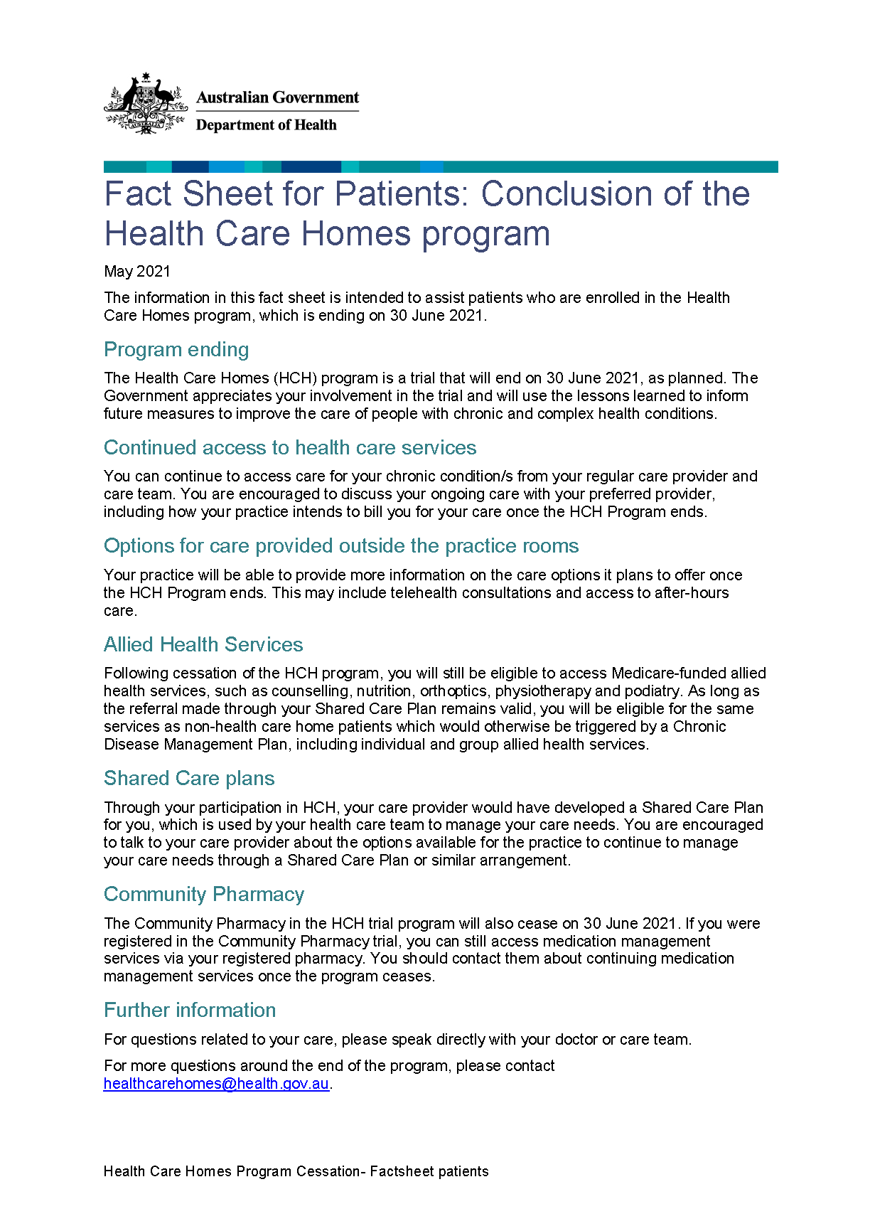 Cover image for the Conclusion of the Health Care Homes program fact sheet for Patients 