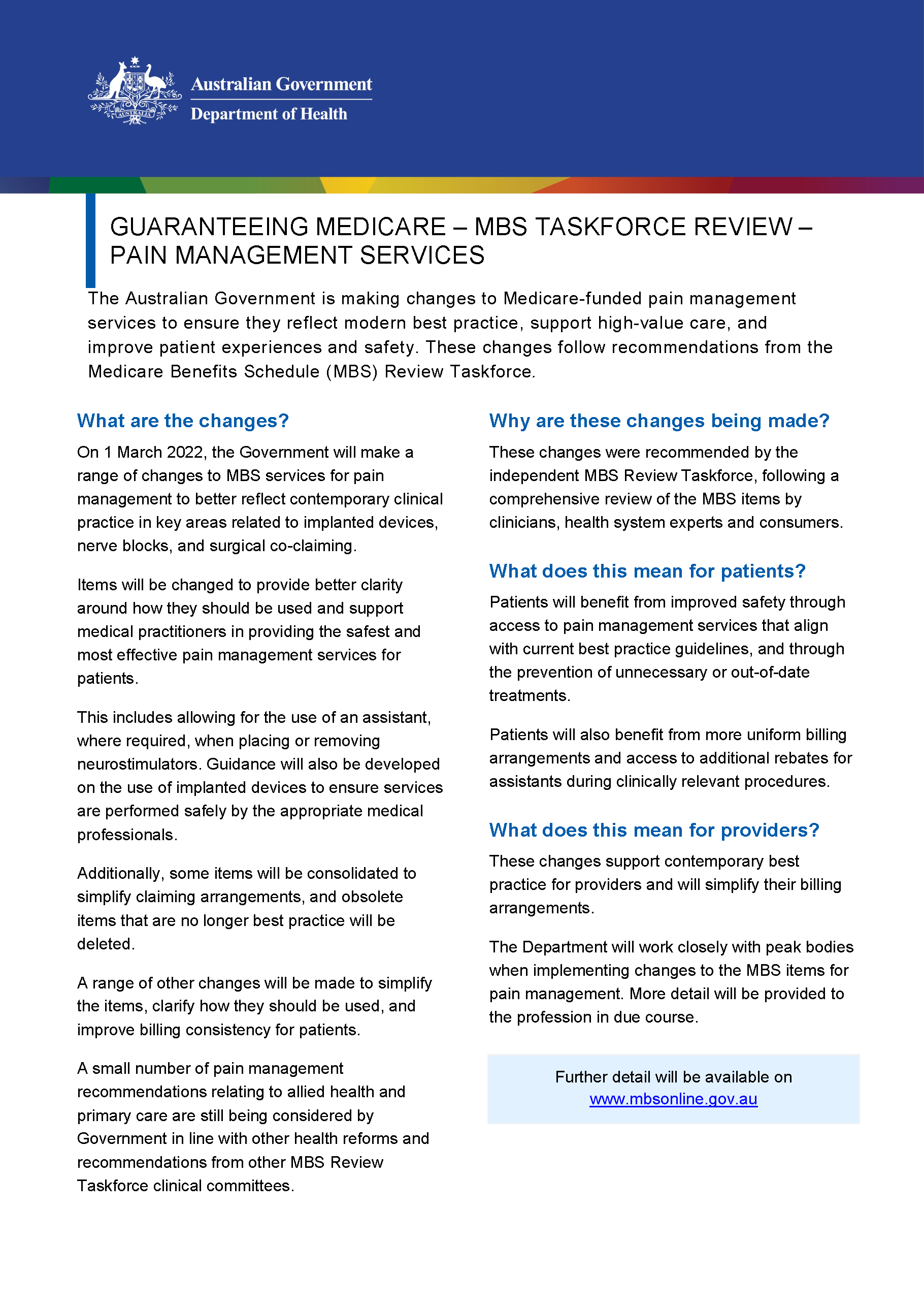 Cover image of the Pain Management Services MBS review fact sheet