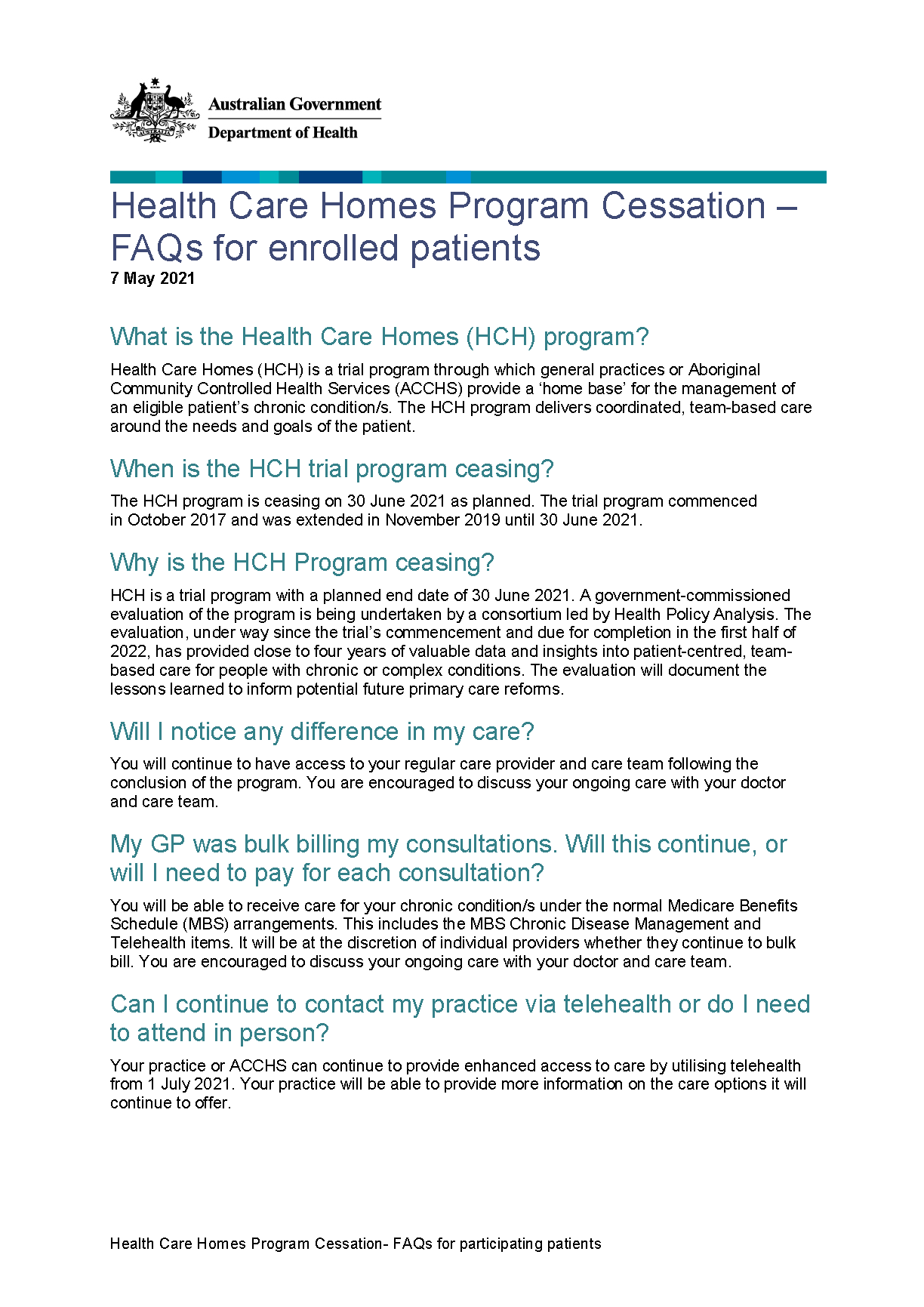 cover page of the Health Care Homes Program Cessation - FAQs for enrolled patients fact sheet