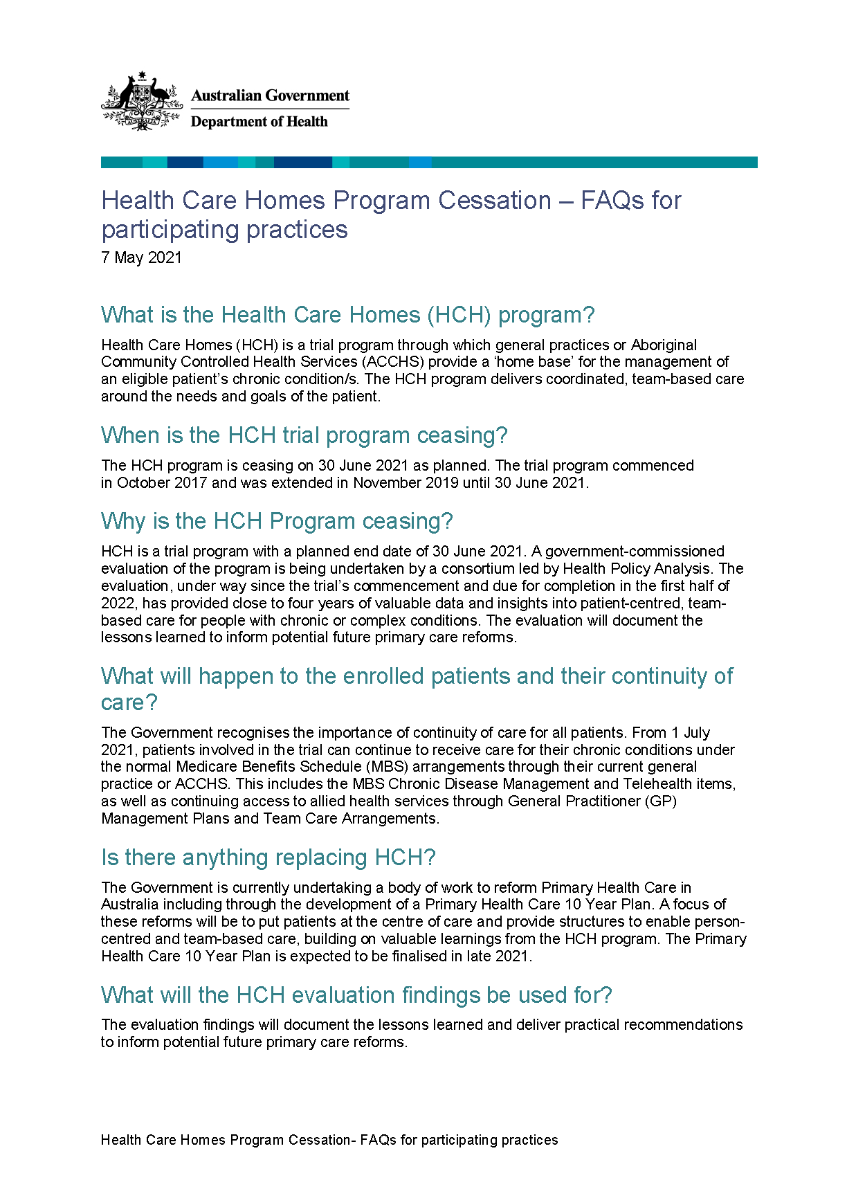 Cover image of the Health Care Homes (HCH) program cessation – FAQs for participating practices