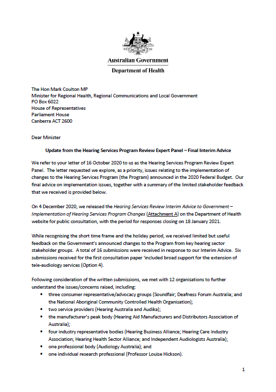 cover page for the Hearing service program final interim advice to Government