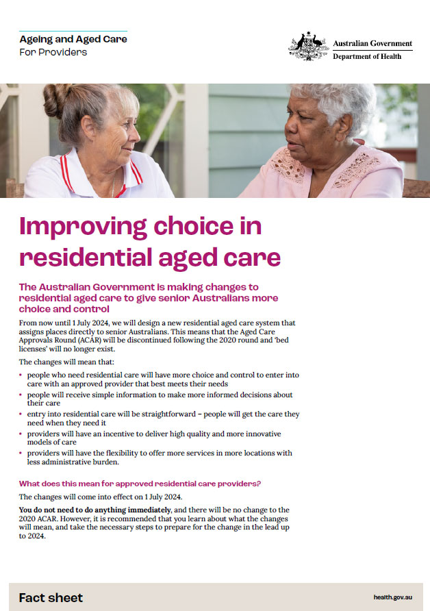 Improving choice in residential aged care – for providers