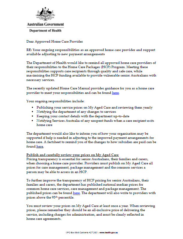 Cover image of the Letter for home care providers – May 2021
