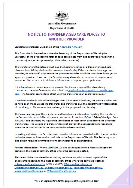 Notice to Transfer Aged Care Places to Another Provider