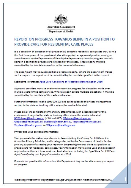 Report on Progress Towards Eligibility to Provide Care for Residential Care Places