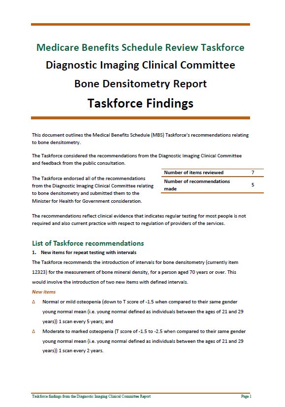 Cover image of Taskforce findings – Diagnostic Imaging Clinical Committee Bone Densitometry report 