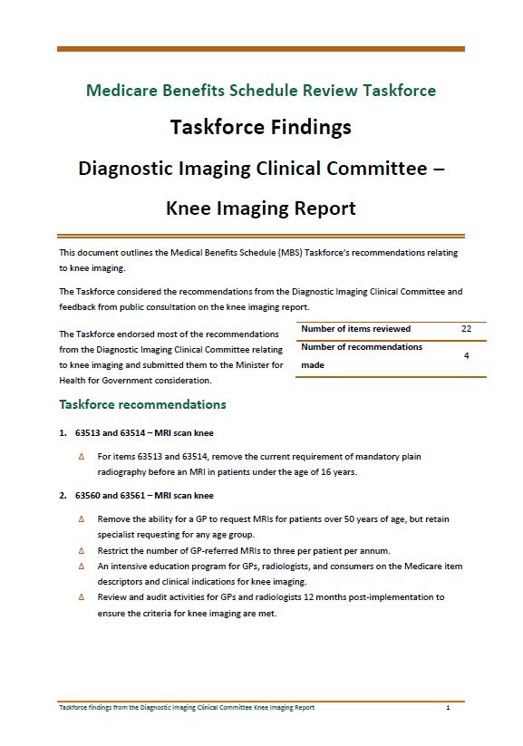 Cover image of Taskforce findings – Diagnostic Imaging Clinical Committee Knee Imaging report