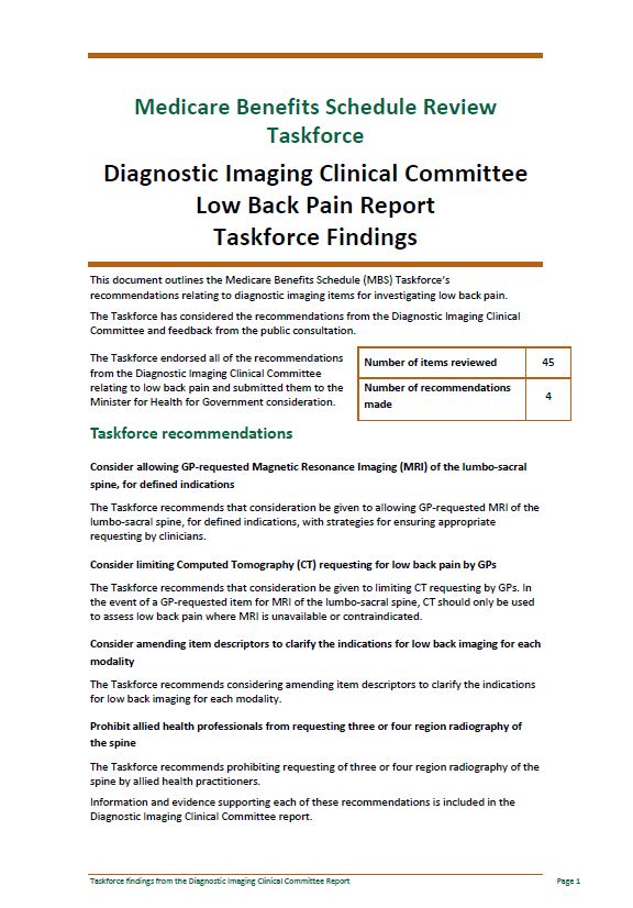 Cover image of Taskforce findings – Diagnostic Imaging Clinical Committee Low Back Pain report
