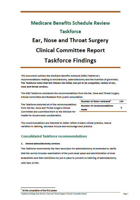 Cover image for Taskforce findings – Ear, Nose and Throat Surgery Clinical Committee report 