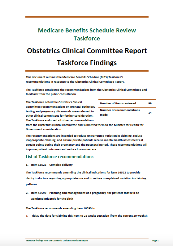 Cover image for Taskforce findings – Obstetrics Clinical Committee report 
