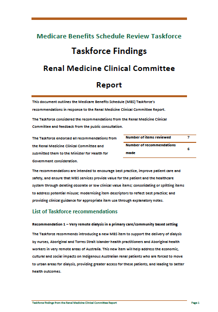Cover image for Taskforce findings – Renal Medicine Clinical Committee report 