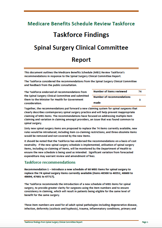 Cover image for Taskforce findings – Spinal Surgery Clinical Committee report 
