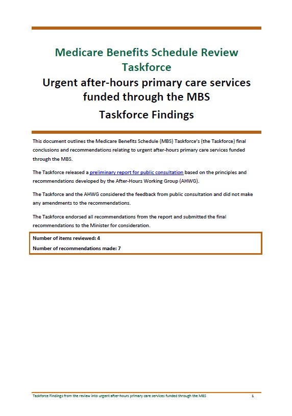 Cover image of Taskforce findings – Urgent after-hours primary care services funded through the MBS 